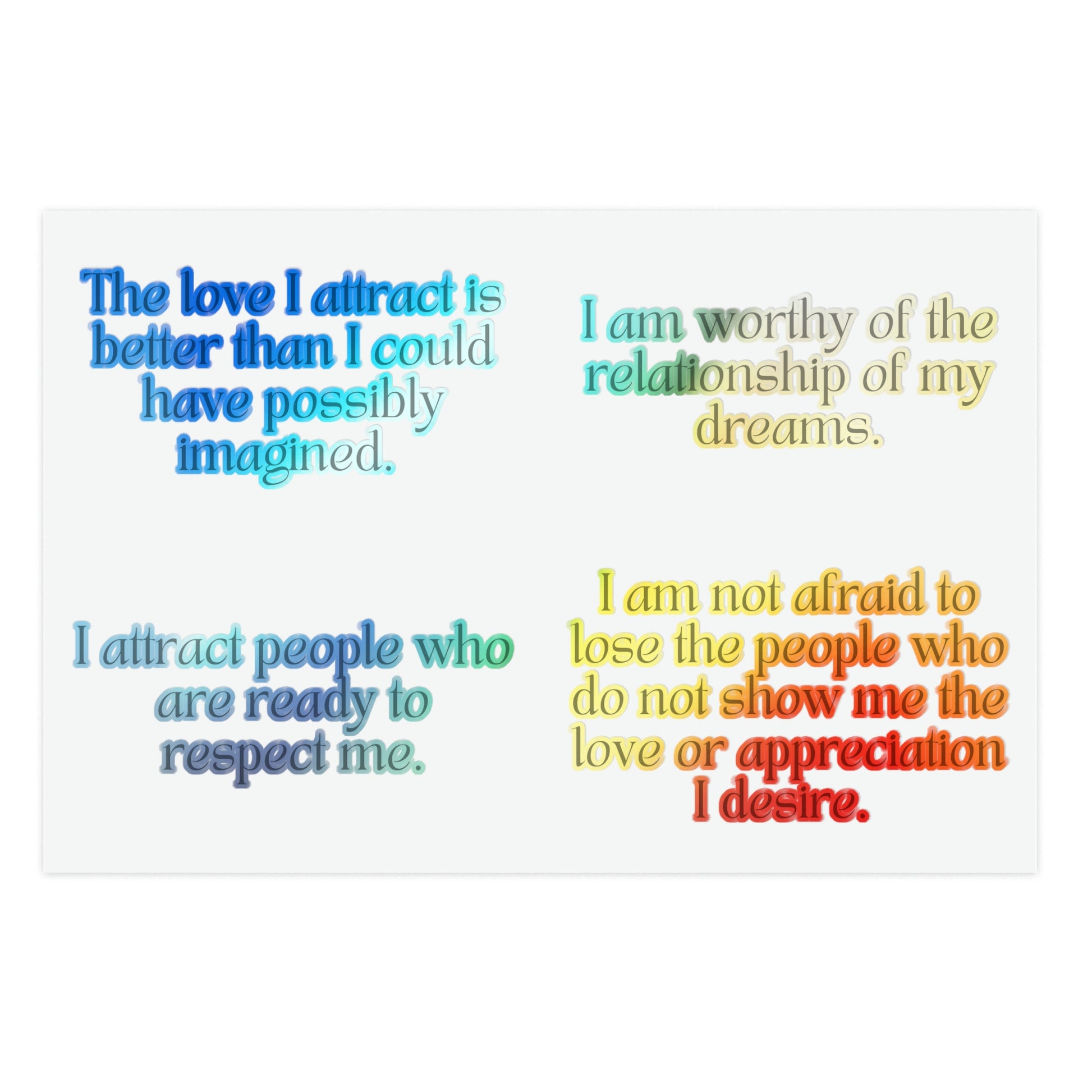 Holographic sticker sheet of long love affirmations, front view.