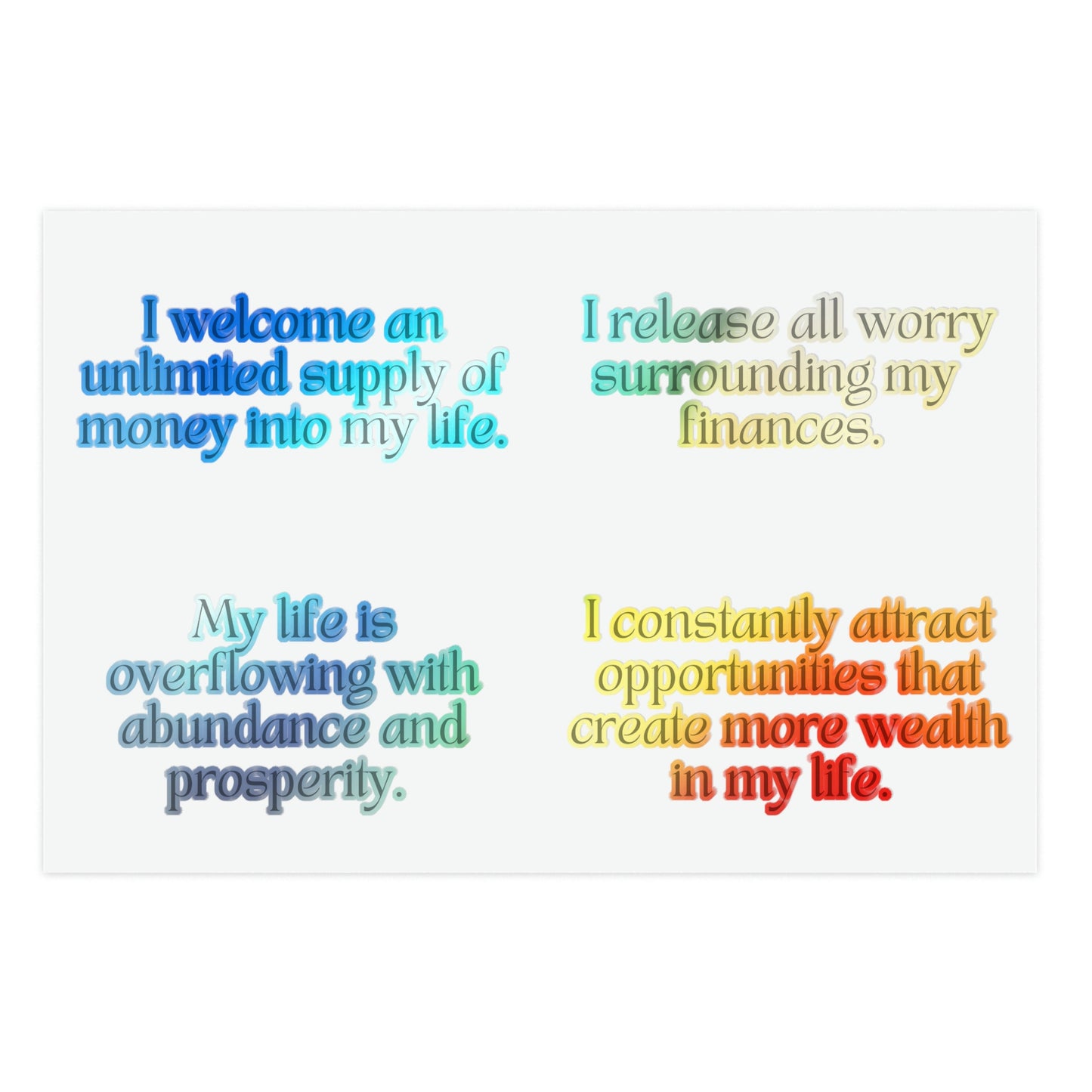 Holographic decorative sheet of affirmation stickers for attracting wealth using affirmation sticker manifestation method. Front side displayed. 