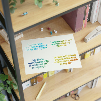 Holographic sticker sheet of positive affirmations for attracting abundance and money through a shift of mindset. Displayed on a shelf. 